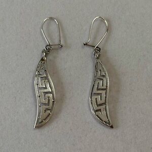 Vintage 925 Sterling Silver Greek Key Swirl Cutout Design Dangly Earrings